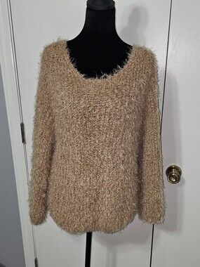 POL- Boho Cozy Brown Fuzzy Knit Women's Sweater W/ Scoop Neck Sz Med